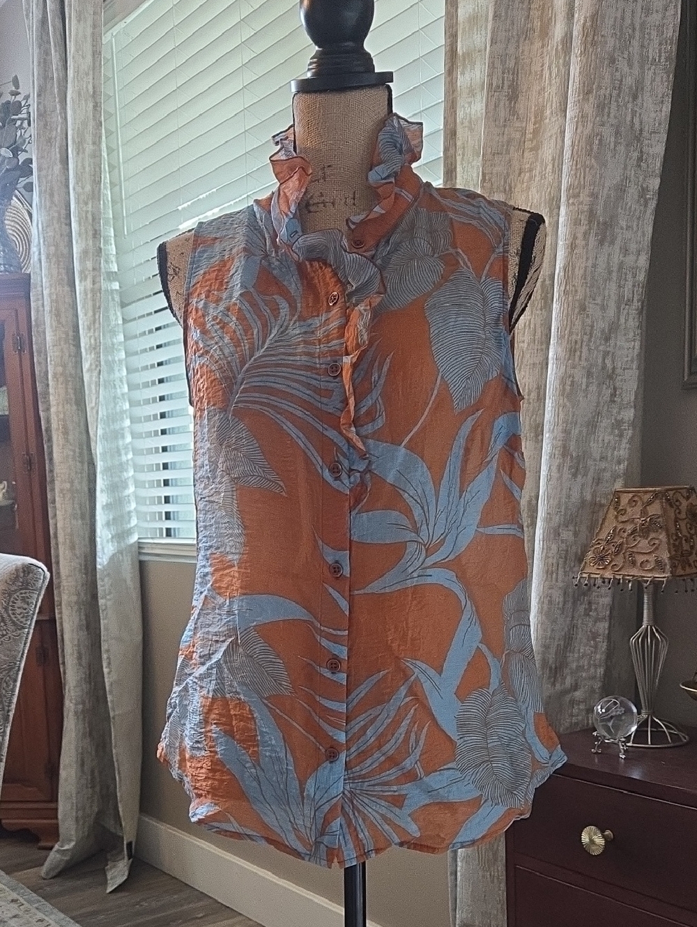 CAbi Rust & Light Blue Ruffled Collar Sleeveless Blouse